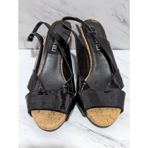 Van Eli Women's Black Patent Leather 3" Wedge Cork Trim Heels Slingback Size 8 - Picture 4 of 8